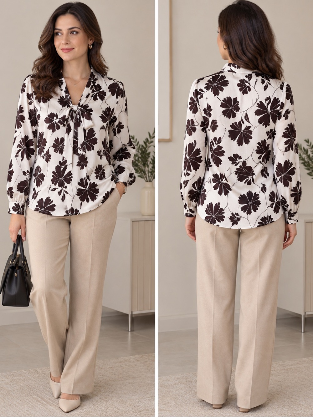 Express Cream Blouse with Brown Floral Tie-Neck